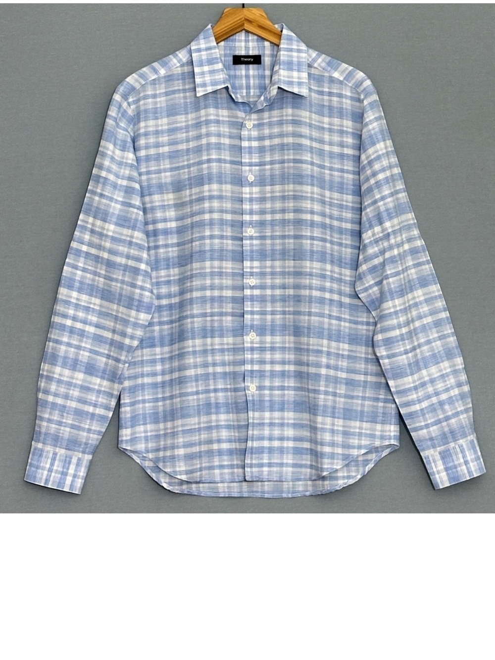 Theory Sylvain Savanna Plaid Mens Shirt M Blue Plaid Linen Cotton Classic Preppy